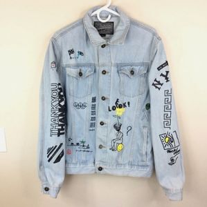 Brooklyn Cloth New York Doodle Graphic Denim Jean Jacket Mens Size Large